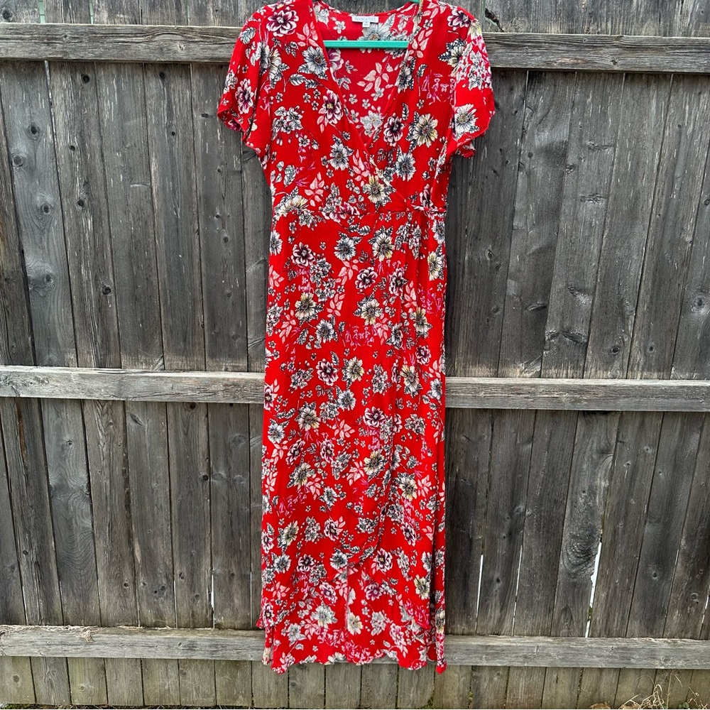 Patrons of Peace Faux Wrap Red Floral Waist Tie Boho Hippy Maxi Dress Sz M
